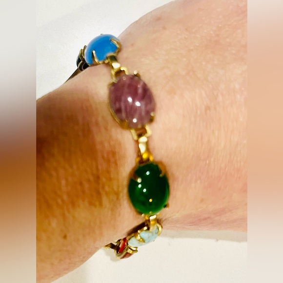 Vintage 1940s Gold-Filled Multi-Glass Cabochon Link Bracelet w/ Safety Chain - Picture 6 of 11